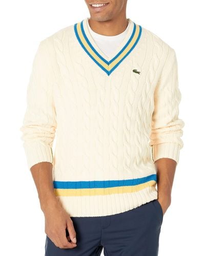 Lacoste Classic Fit V-neck Contrast Striped Wool Sweater - Natural