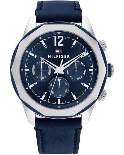 Tommy Hilfiger Multifunction Stainless Steel Case And Leather Strap Watch - Blue