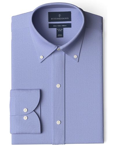 Buttoned Down Slim Fit Button-collar Solid Non-iron Dress Shirt (pocket) - Blue