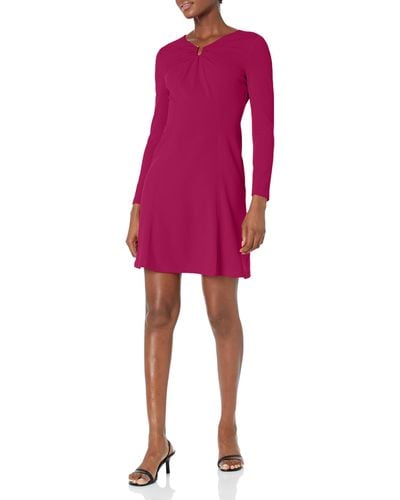 Donna Morgan Long Sleeve Fit And Flare Crepe U-ring Trim Dress Workwear Career Office Event Guest Of - Red