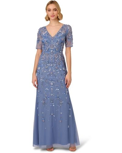Adrianna Papell Beaded Mesh Long Dress - Blue