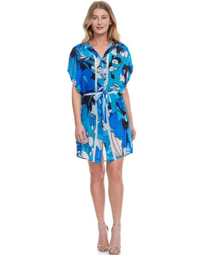 Gottex Standard Floral Art Blouse Cover Up Dress - Blue