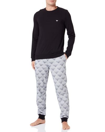 Emporio Armani Pattern Mix Pajama Long Sleeve Pants Pajama Set - Black