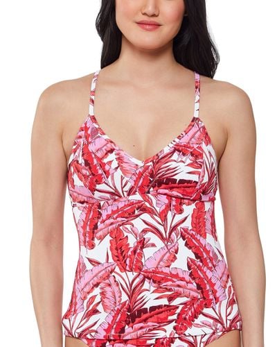 Jessica Simpson Printed Paradiso Palm Crossed-back Tankini Top - Red