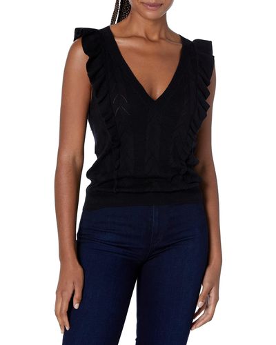 PAIGE Womens Hydrangea Sleeveless Sweater Soft Cotton Feminine Ruffle In Black Shirt - Blue