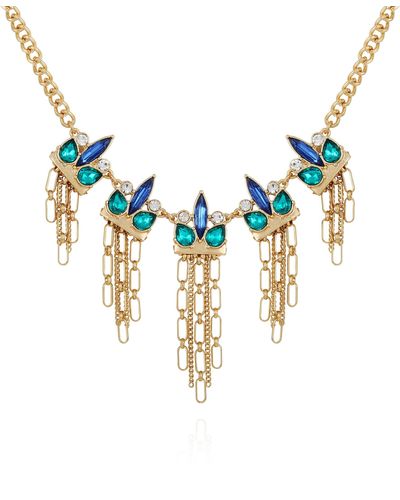 Guess Gold-tone Statement Necklace With Blue Stones And Metal Chain Fringe