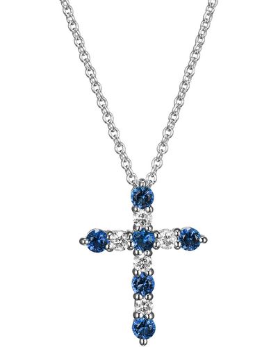Amazon Essentials Platinum Over Sterling Silver Created Blue Sapphire And 1/8th Carat Total Weight Lab Grown Diamond Cross Necklace - Metallic