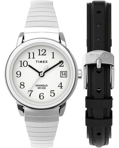 Timex Tone Case White Dial With Tapered Expansion Band + Black Leather - Metallic