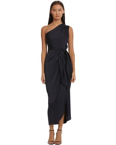 Donna Morgan S One Shoulder Faux Wrap Light Charmeuse Maxi With Tie Waist Occasion Event Party Guest Of Formal Out Dress - Black