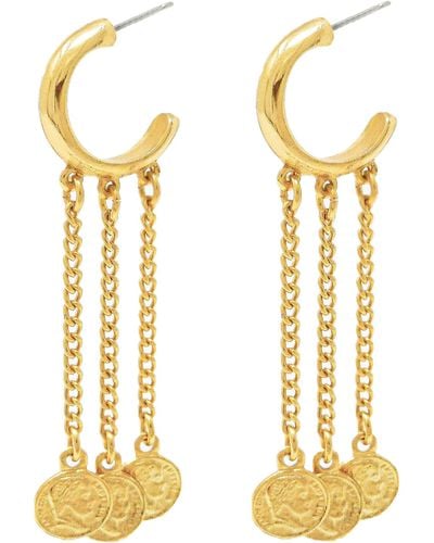 Ben-Amun Long Chain Dangle Coin 24k Gold Plated Statement Hoop Earrings Made In New York - Metallic