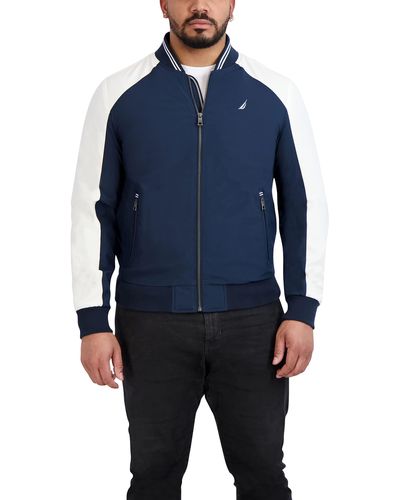 Nautica Water Resistant Long Sleeve Zip Up Knit Mesh Collar Mechanical Stretch Jacket - Blue