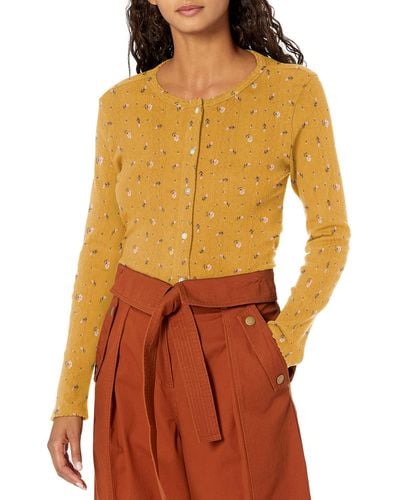Lucky Brand Long Sleeve Button Up Pointelle Cardigan - Yellow