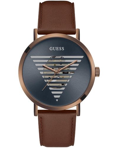 Guess Us Cut-through Logo And Brown Leather Analog Watch - Blue
