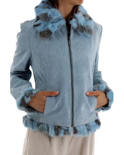 La Fiorentina Suede Leather Jacket With Fur Trim - Blue