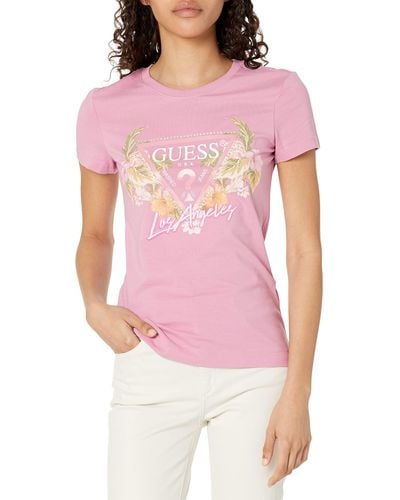 Guess Short Sleeve Crew Neck Triangle Flowers Tee - Pink