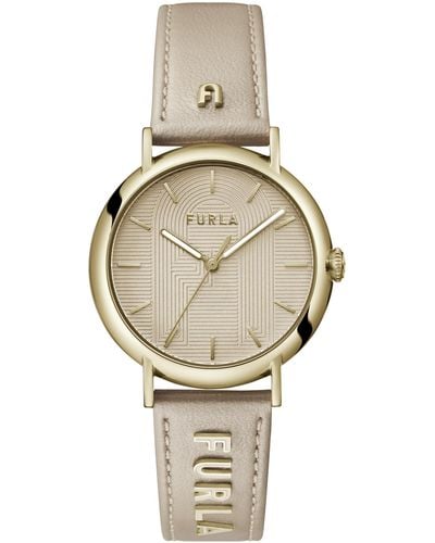 Furla Easy Shape Gold Tone Genuine Leather Strap Watch - Metallic