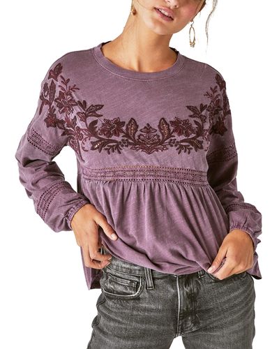 Lucky Brand Embroidered Long Sleeve Babydoll Top - Purple