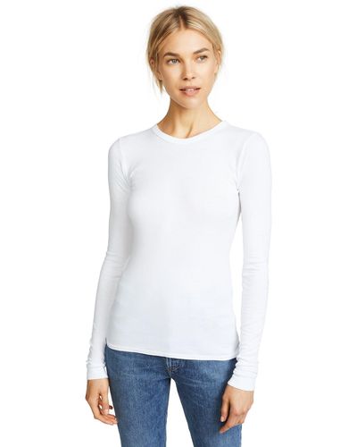 Enza Costa Womens Essential Supima Cotton Bold Long Sleeve Crew Neck Top T Shirt - White