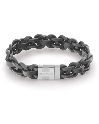 Tommy Hilfiger Jewelry Magnetic Braided Stainless Steel & Gray Leather Bracelet Color: Gray - Metallic