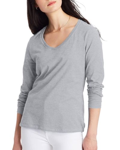 Hanes Originals Long Sleeve Cotton T-shirt - Gray