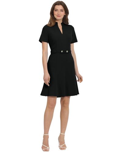 Maggy London Notch Mock Neck Fit And Flare Crepe Dress - Black