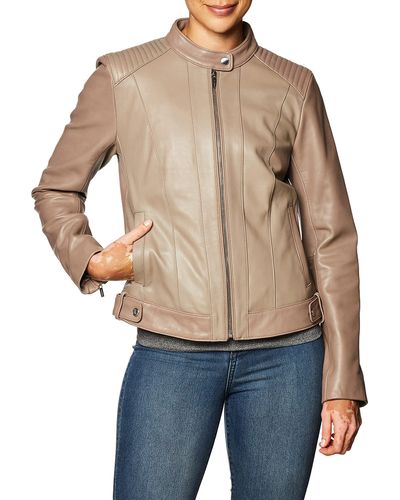 Cole Haan Womens Smooth Lamb Racer Jacket,beige,x-large - Natural