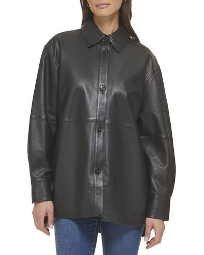 Cole Haan Shirt Collar Button Up Leather Coat - Black