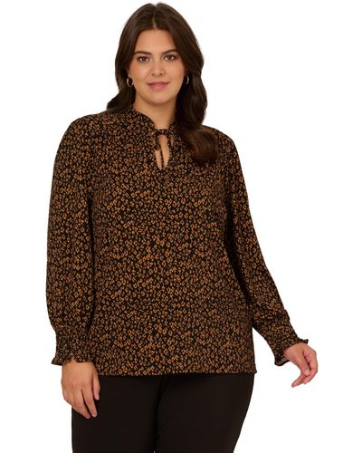 Adrianna Papell Plus Size Ruffle Tieneck Long Sleeve Top - Brown
