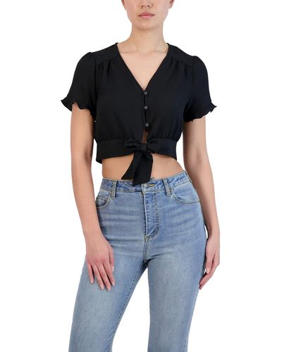 BCBGeneration Short Sleeve Button Down Tie Front Crop Top - Black