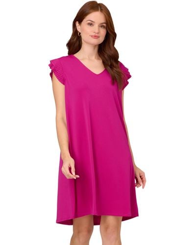 Adrianna Papell V Neck Double Pleated Sleeve Dress Pink