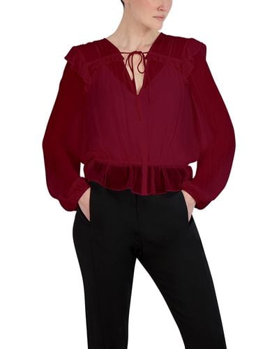 BCBGMAXAZRIA Relaxed Peplum Top Long Sleeve V Neck With Tie Ruffle Drawstring Shirt - Red