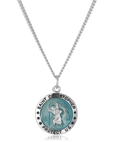 Amazon Essentials Sterling Silver Round St. Christopher Pendant With Blue Background And Rhodium Plated Stainless Steel Chain