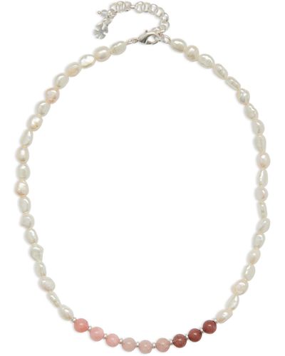 Lucky Brand Pink And Pearl Beaded Collar Necklace - White
