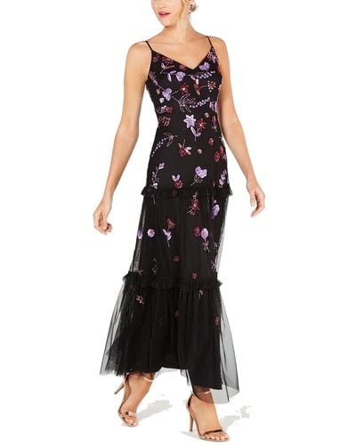 Adrianna Papell Beaded Floral Dress With Tiered Skirt - Black