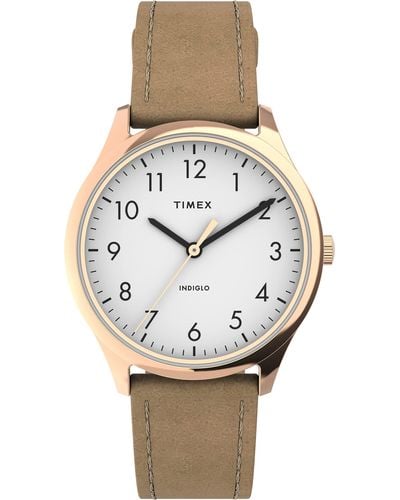 Timex Tone Case White Dial With Beige Genuine Leather - Black