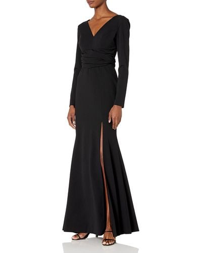 Dress the Population Carmen Long Sleeve Long Stretch Gown With Slit Dress - Black