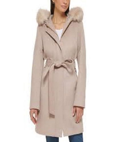 Cole Haan Hooded Coat Slick Wool With Detatchable Faux Fur Trim - Natural