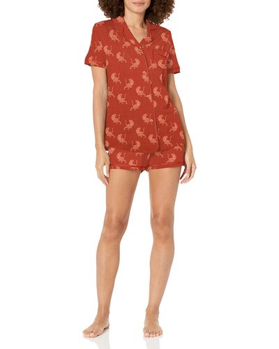 Cosabella Bella Printed Short Sleeve Top & Boxer Pajama Set - Red