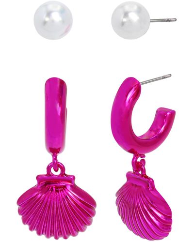 Betsey Johnson S Seashell Charm Huggie Duo Earring Set - Pink