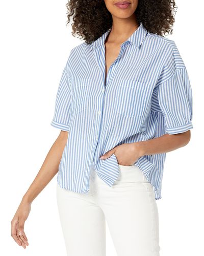 Velvet By Graham & Spencer Womens Brandy Striped Cotton Shirting Half Sleeve Up Button Down Shirt - Blue