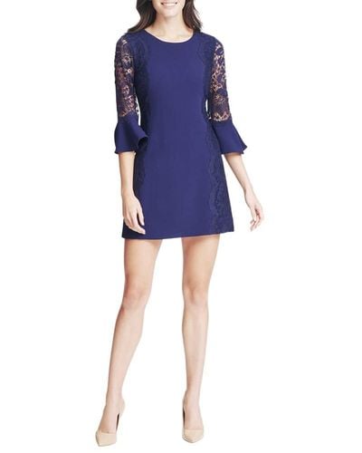 Kensie Crepe Sheath Dress With Lace Sleeves - Blue