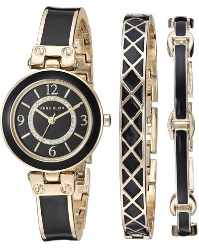 Anne Klein Ak/3296bkst Premium Crystal Accented Gold-tone And Black Bangle Watch And Bracelet Set