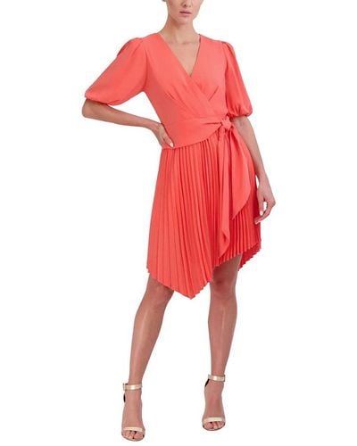 BCBGMAXAZRIA Fit And Flare Short Cocktail Dress Elbow Puff Sleeve Surplice Neck Pleated Skirt Asymmetrical Hem - Red
