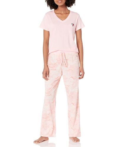Tommy Hilfiger Top Short Sleeve V-neck Heart Logo Pant Bottom Pajama Set Pj 2pc - Pink