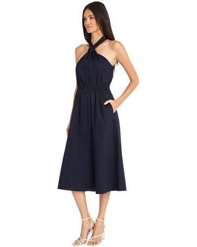 Maggy London Halter Neck With Circle Trim Detail Cotton Poplin Dress Party Occasion Date Guest Of - Blue