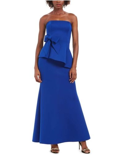 Eliza J Scuba Strapless Peplum Gown With Waist Bow - Blue