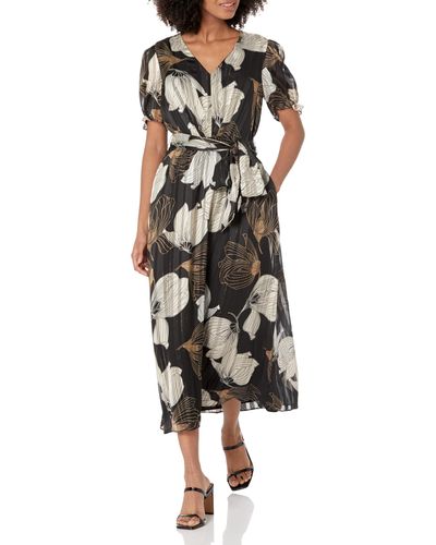 Anne Klein Printed Puff Sleeve Midi Wrap Dress - Multicolor