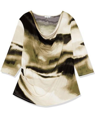 Calvin Klein Plus Size Everyday Cowl Neck Printed Long Sleeve Blouse - Green
