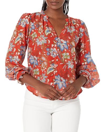Velvet By Graham & Spencer Mikayla Printed Voile Button Up Blouse - Red