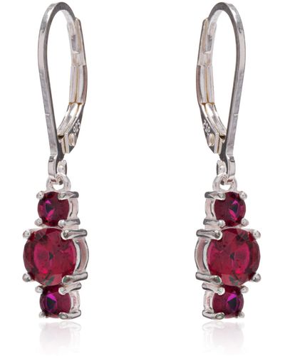 Amazon Essentials Sterling Silver Created Ruby 5mm And 3mm Three Stone July Birthstone Leverback Dangle Earrings - Red